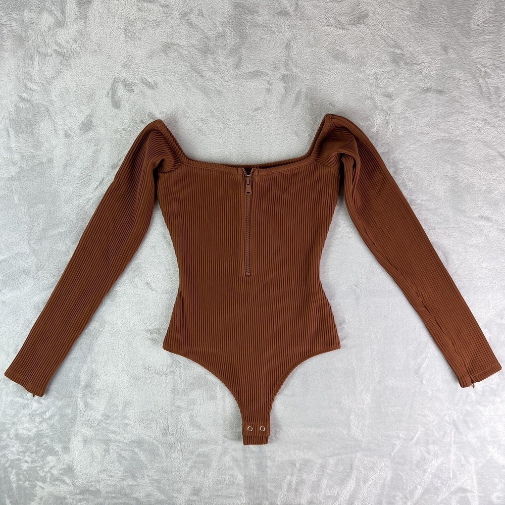 GOOD AMERICAN Bodysuit Size 0 Tortoise Shell Zip Up Ribbed‎ Orange/Brown Stretch